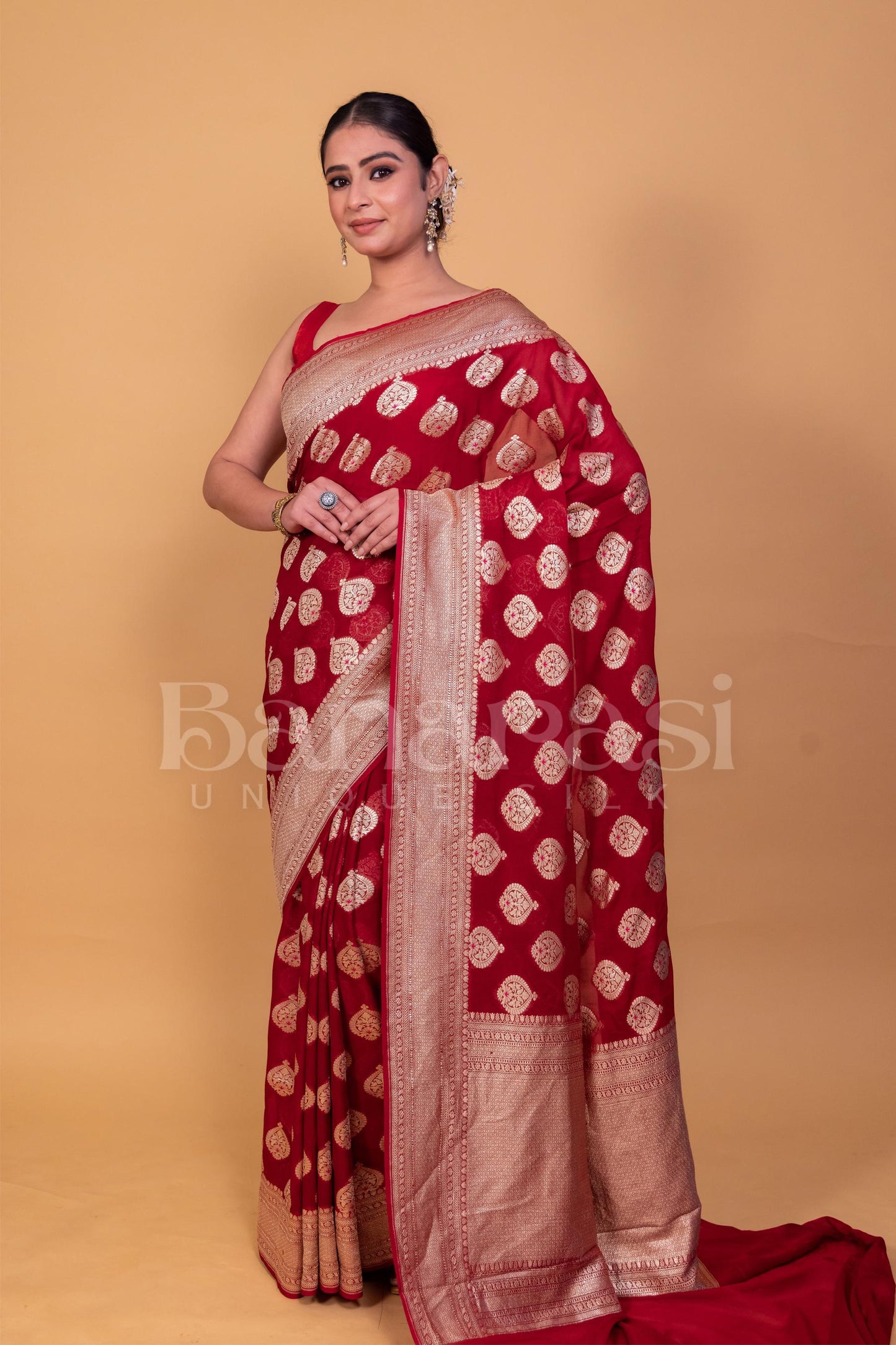 Dark Red Khaddi Georgette Handloom Banarasi Saree - All Over Work with meenakari