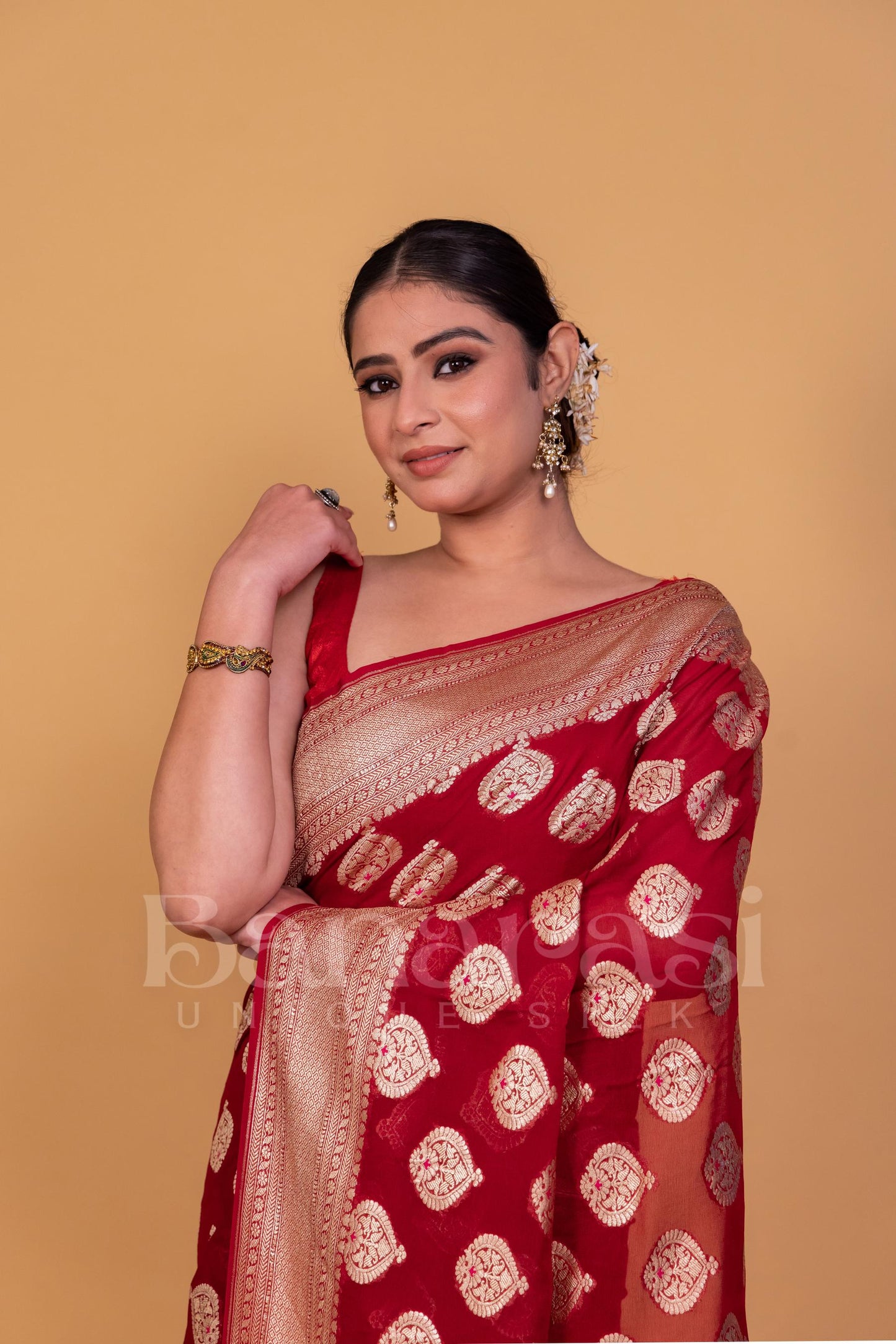 Dark Red Khaddi Georgette Handloom Banarasi Saree - All Over Work with meenakari