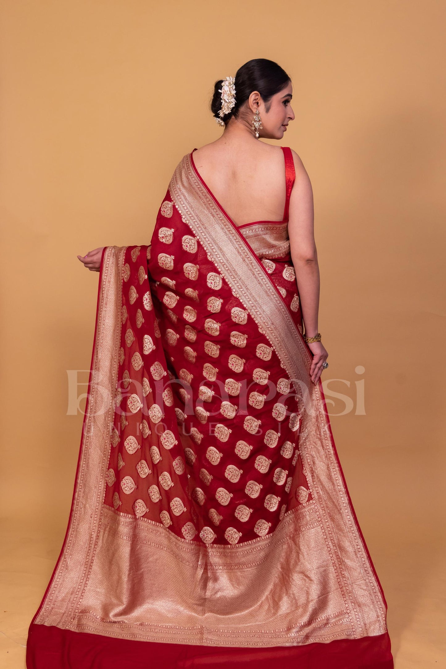 Dark Red Khaddi Georgette Handloom Banarasi Saree - All Over Work with meenakari