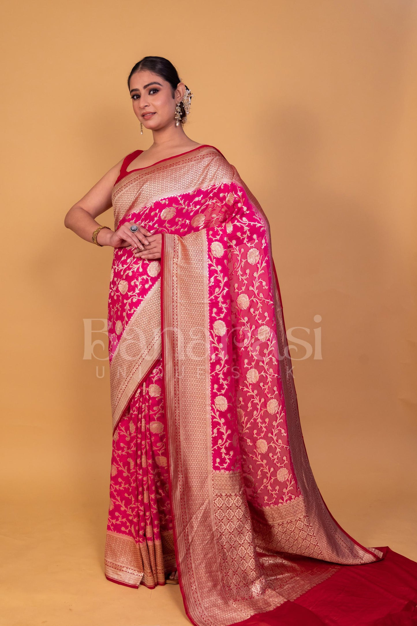 Pink With Mahroon Khaddi Georgette Handloom Banarasi Saree