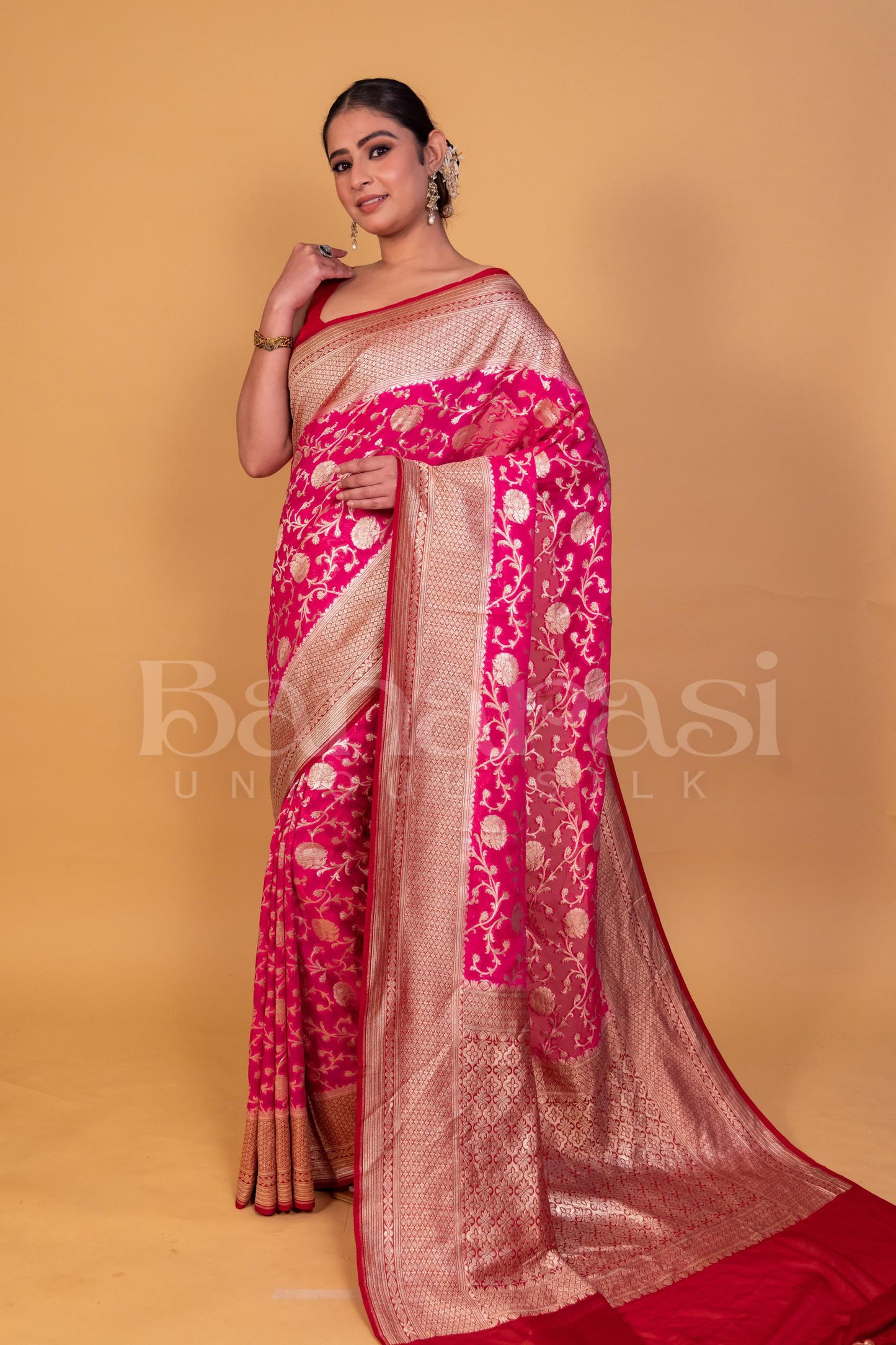 Pink With Mahroon Khaddi Georgette Handloom Banarasi Saree