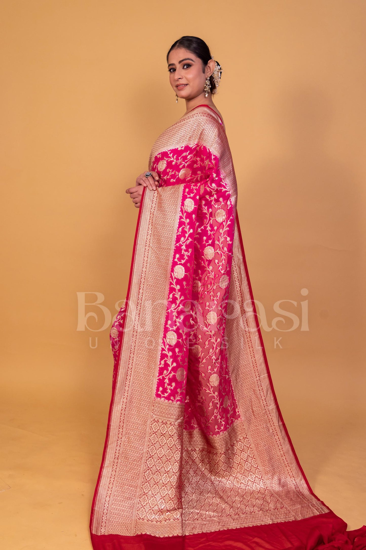 Pink With Mahroon Khaddi Georgette Handloom Banarasi Saree