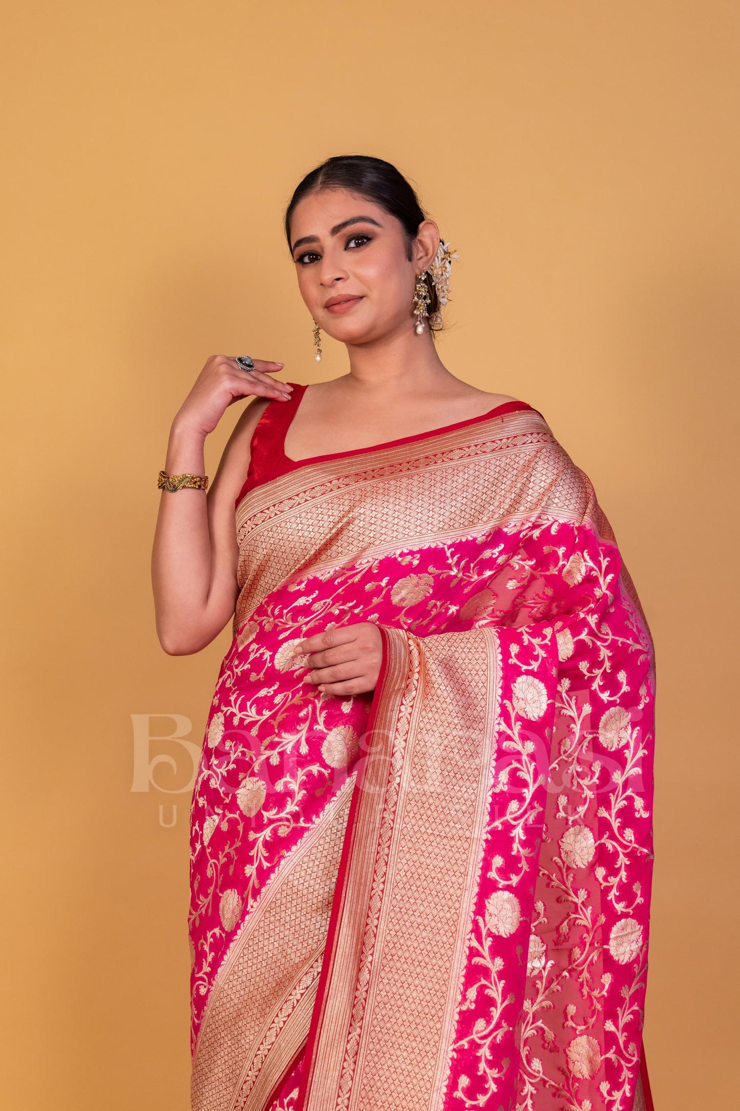 Pink With Mahroon Khaddi Georgette Handloom Banarasi Saree