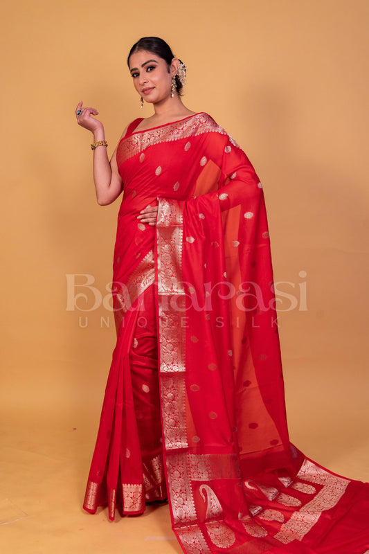 Red Banarasi Handwoven georgette Saree With Silver Zari Work