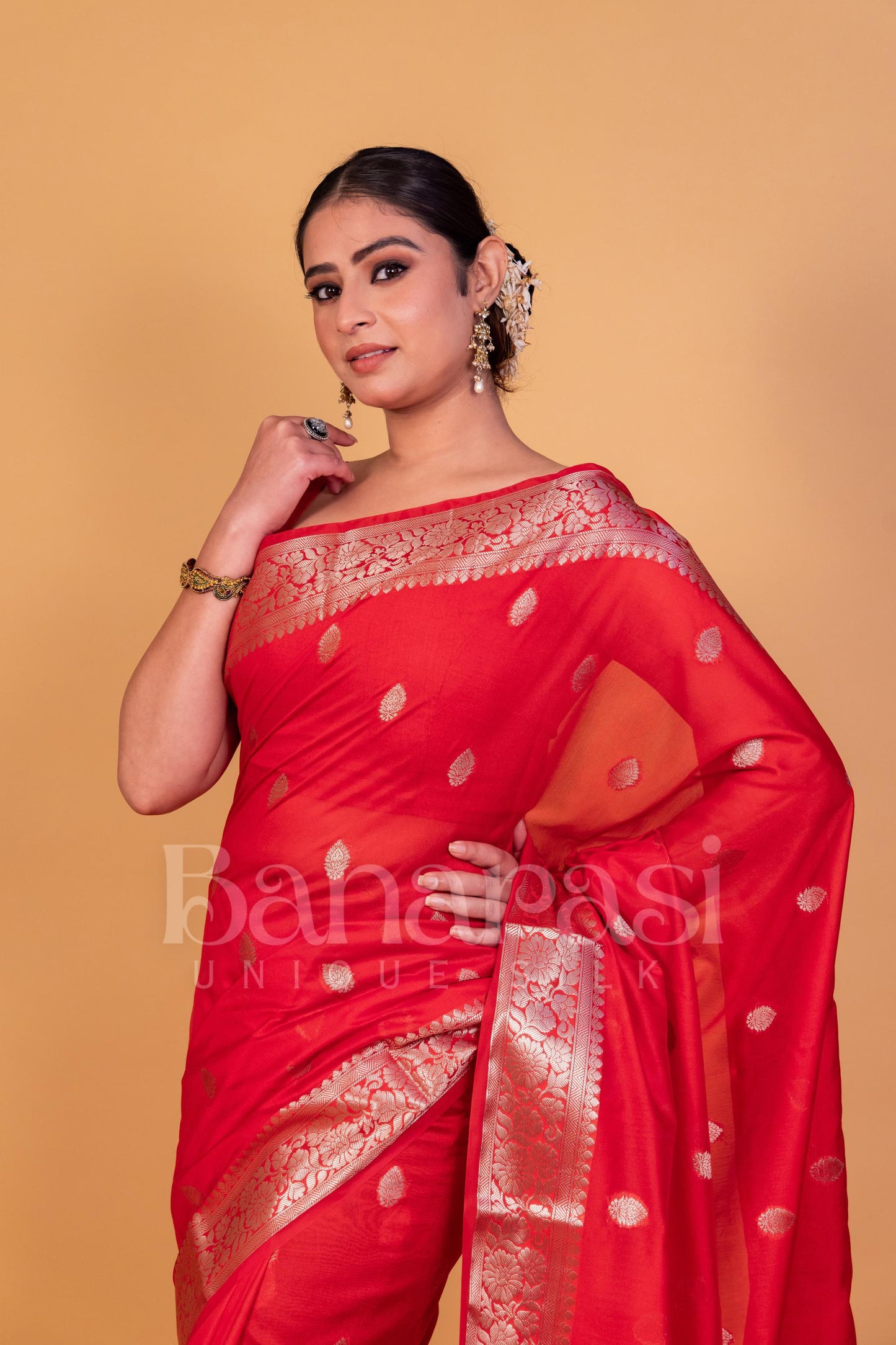 Red Banarasi Handwoven georgette Saree With Silver Zari Work