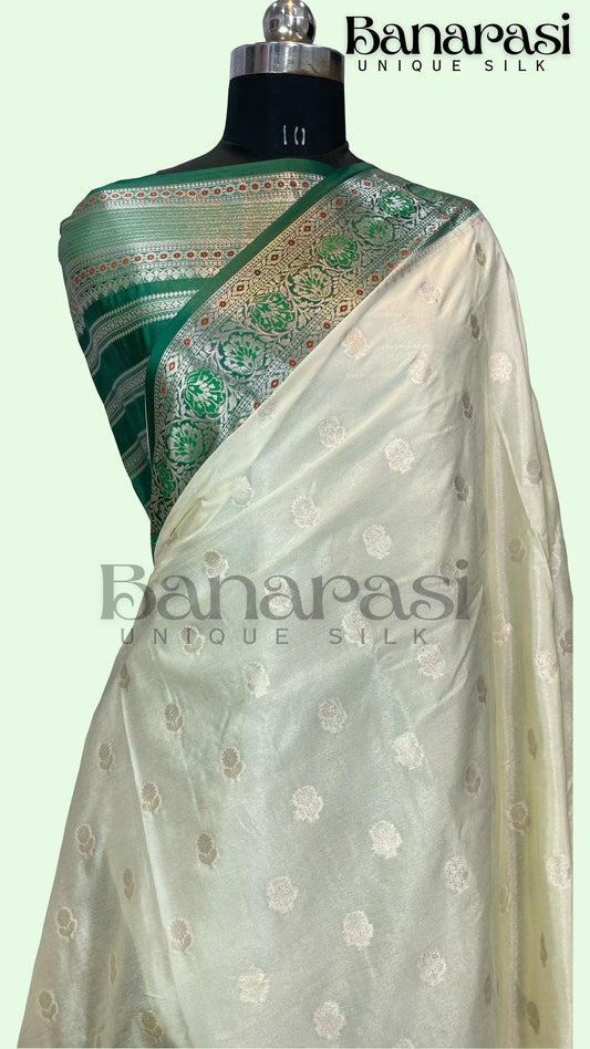 Cream With Dark Green Banarasi chiniya katan soft silk saree