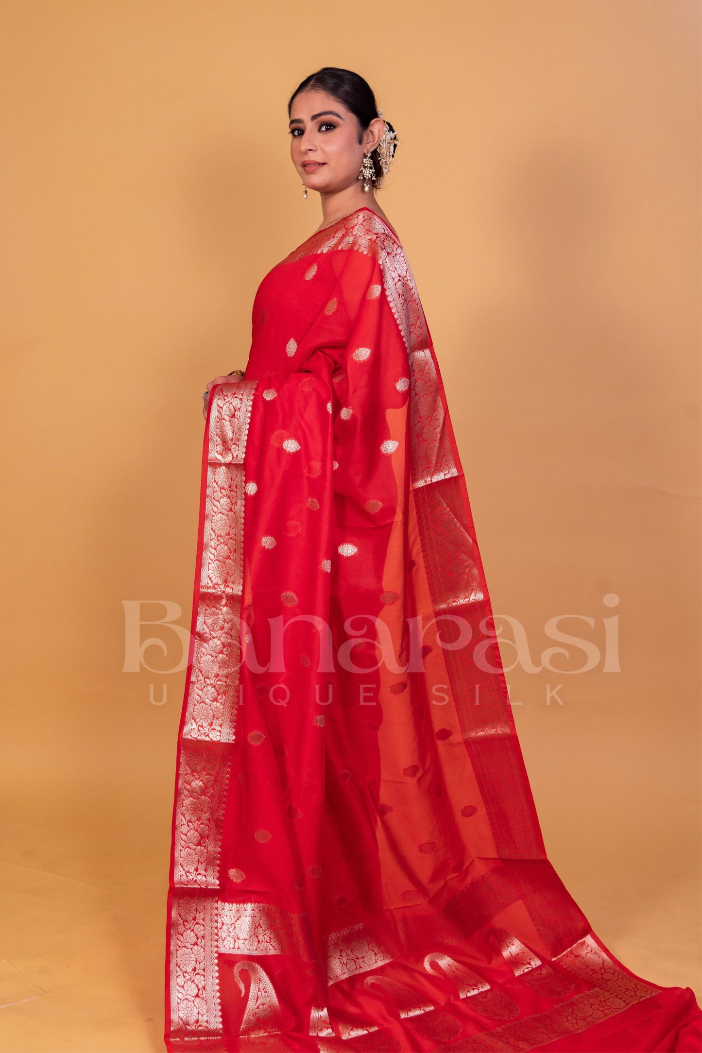 Red Banarasi Handwoven georgette Saree With Silver Zari Work