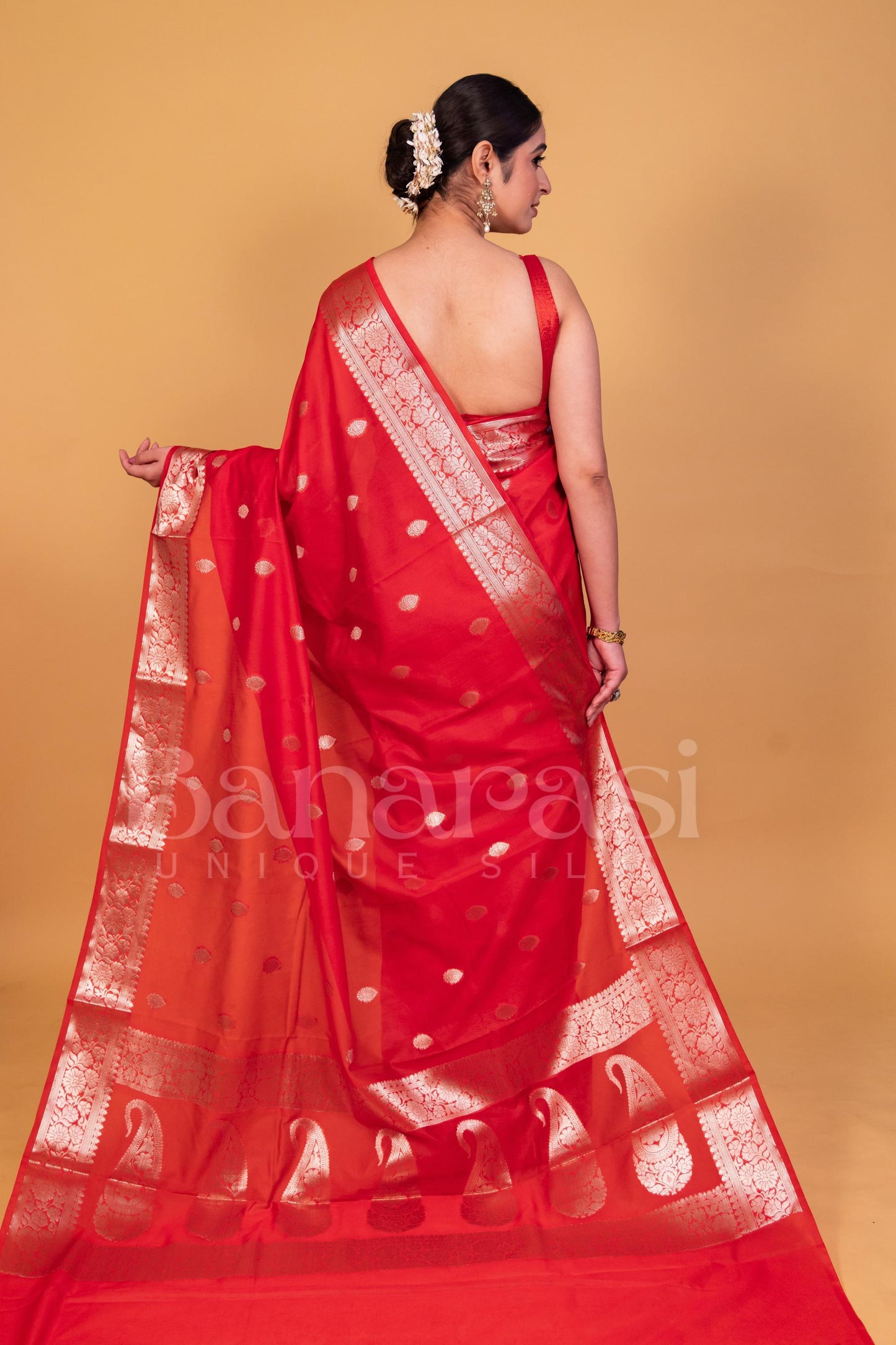 Red Banarasi Handwoven georgette Saree With Silver Zari Work