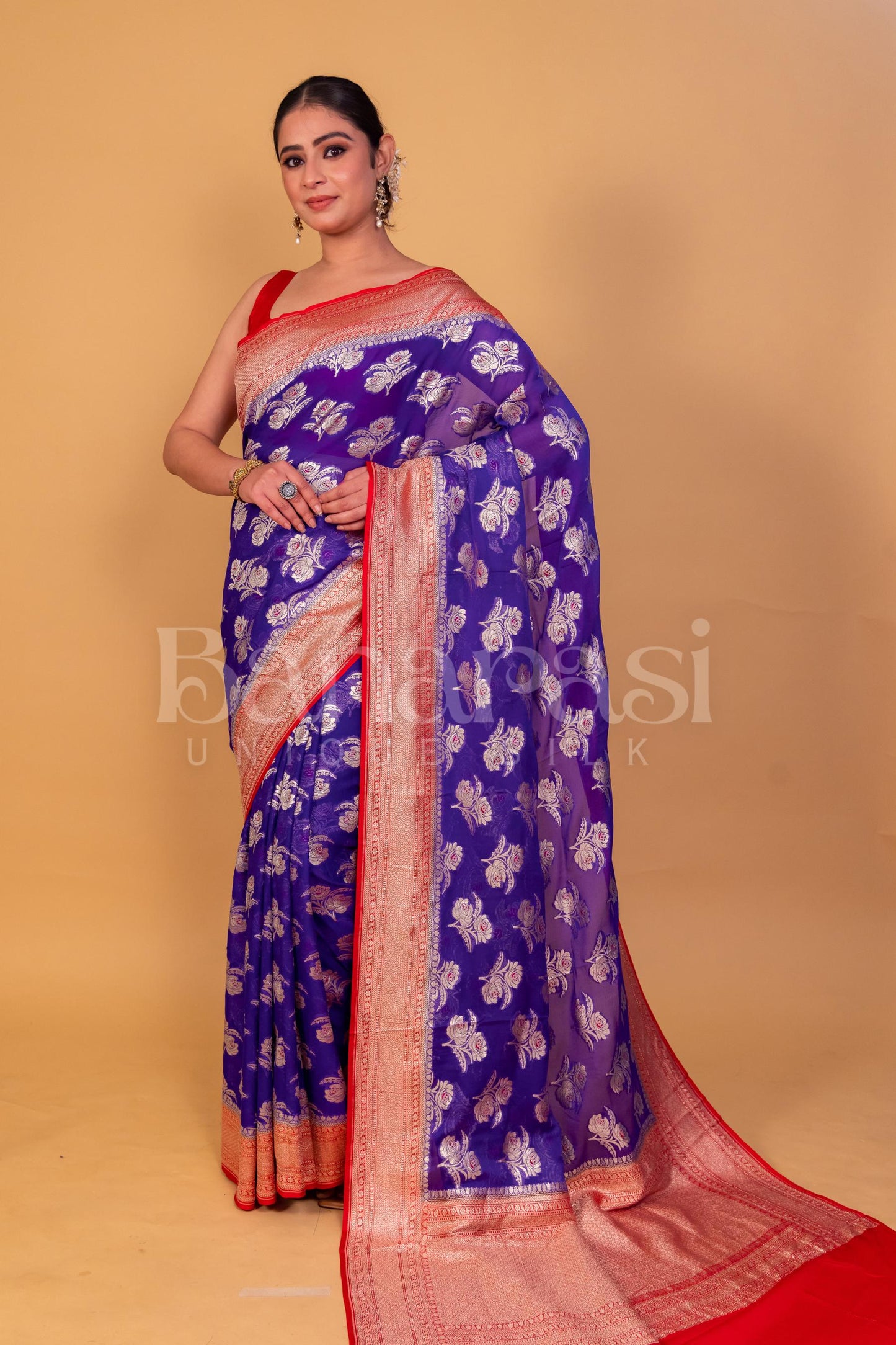 Blue With  Red Khaddi Georgette Handloom Banarasi Saree - All Over Work with meenakari