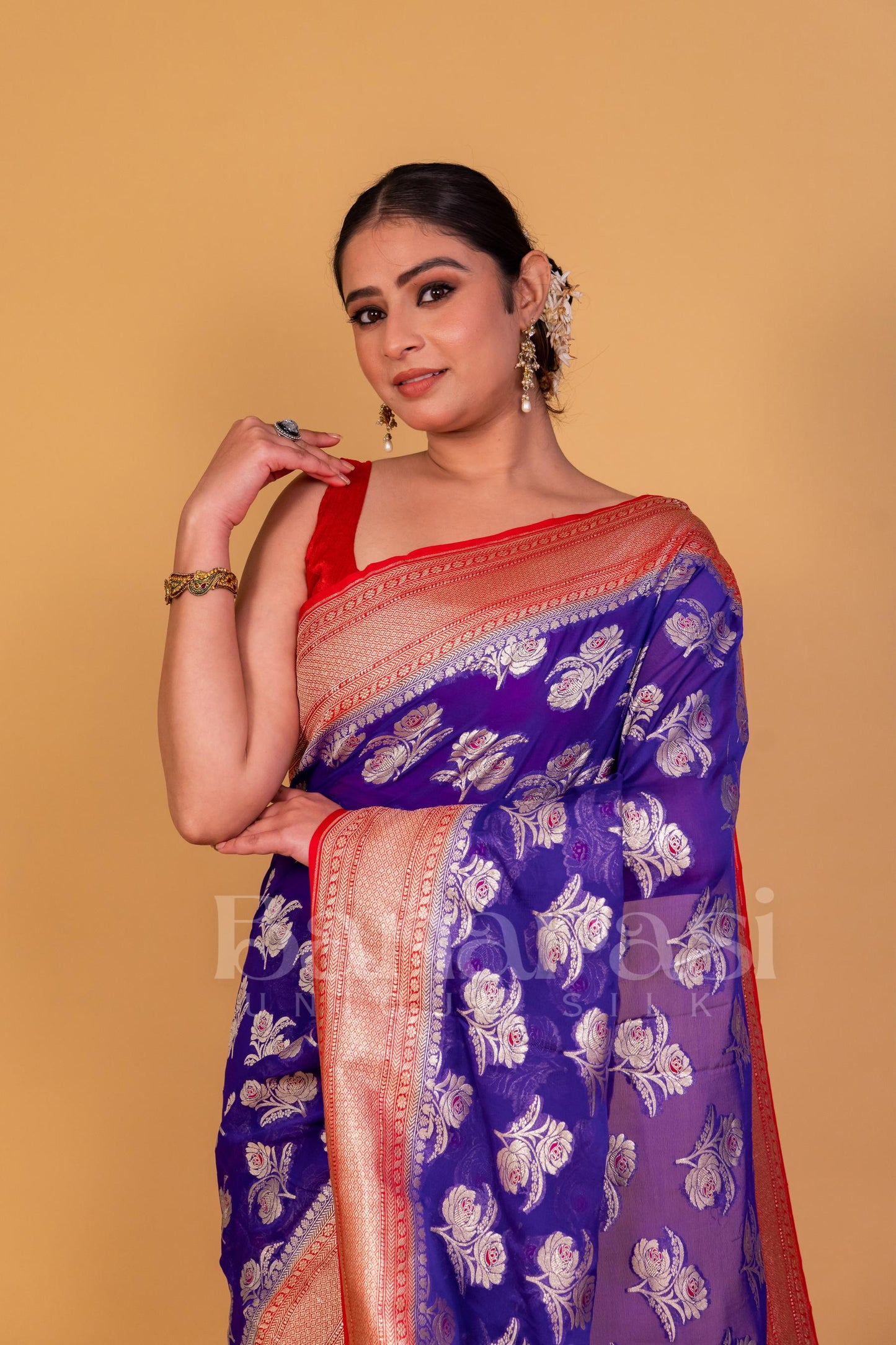 Blue With  Red Khaddi Georgette Handloom Banarasi Saree - All Over Work with meenakari