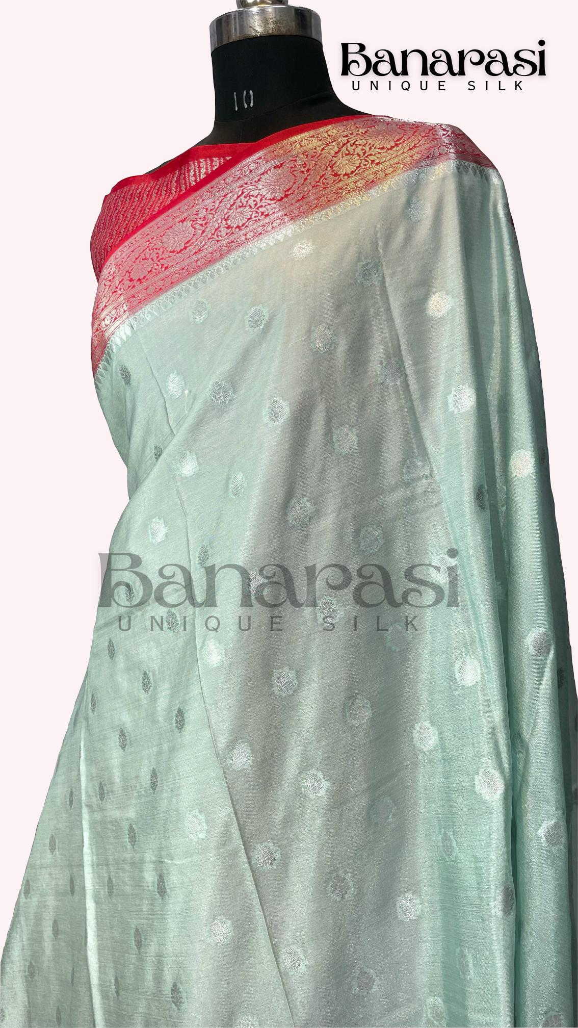 Ash green with red Banarasi chiniya katan soft silk saree