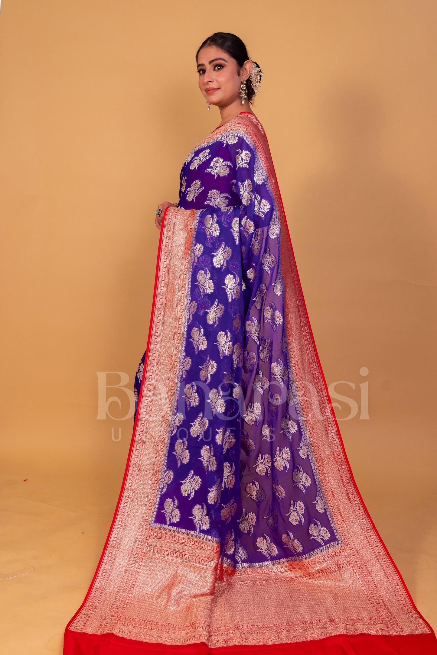 Blue With  Red Khaddi Georgette Handloom Banarasi Saree - All Over Work with meenakari