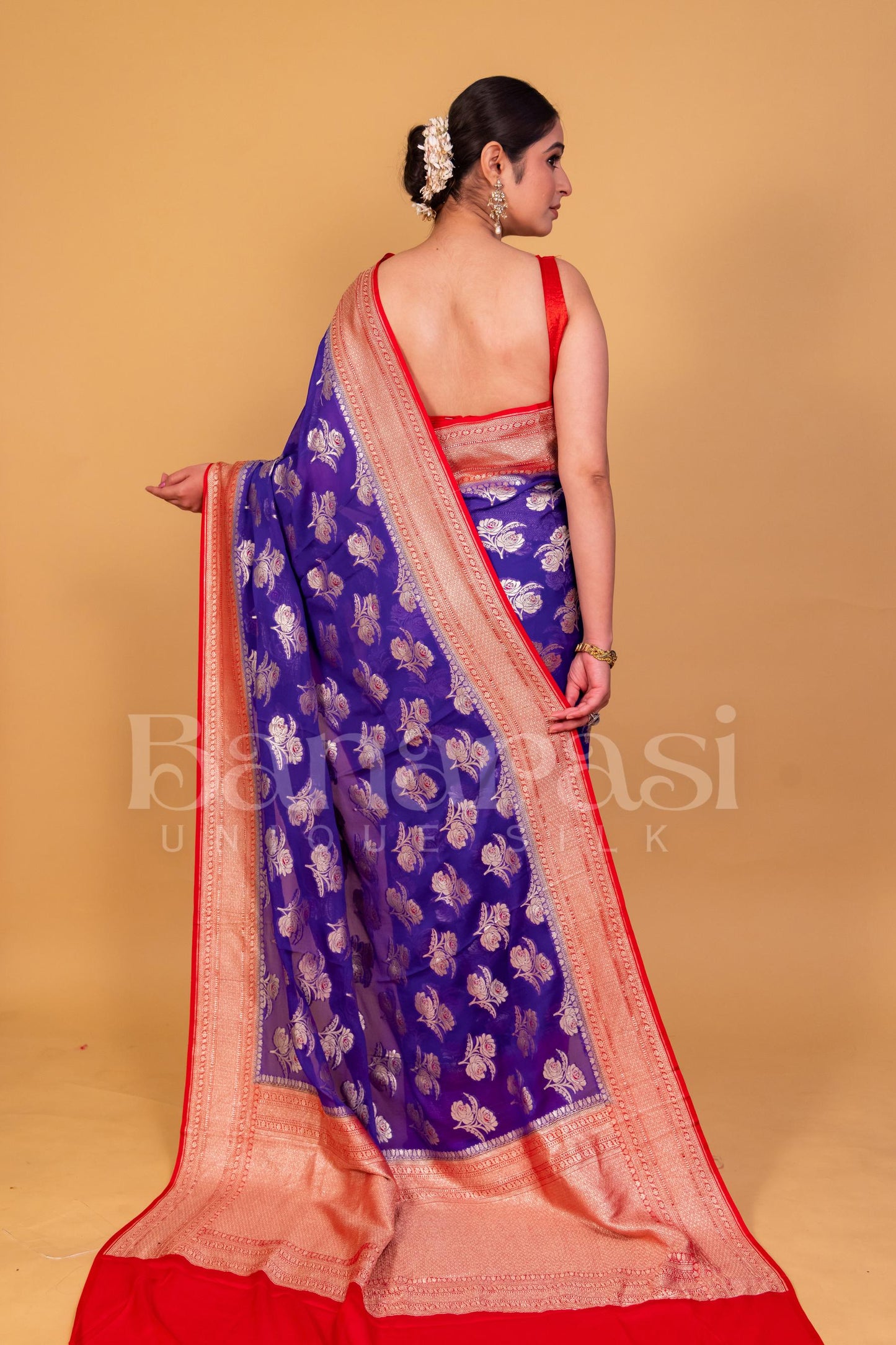 Blue With  Red Khaddi Georgette Handloom Banarasi Saree - All Over Work with meenakari