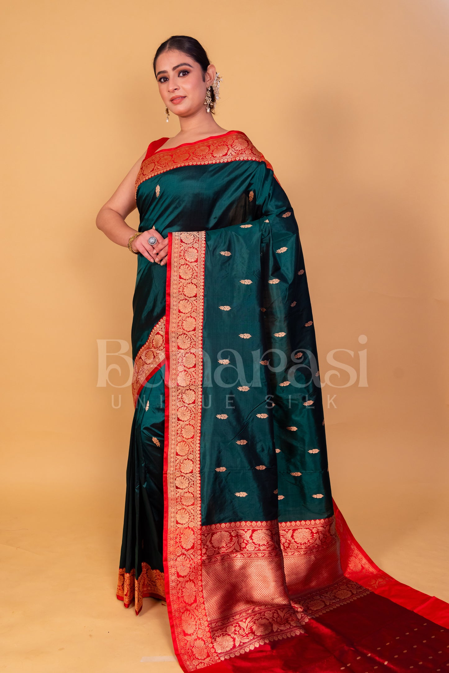 Green With Red Pure Katan Silk Banarasi Handloom Saree