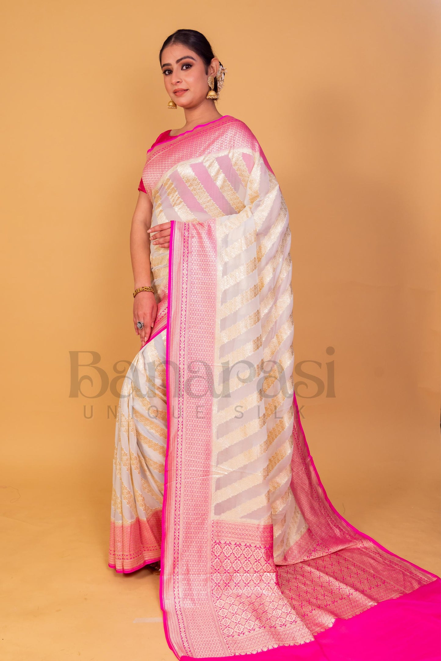 White With Pink Khaddi Georgette Handloom Banarasi Saree