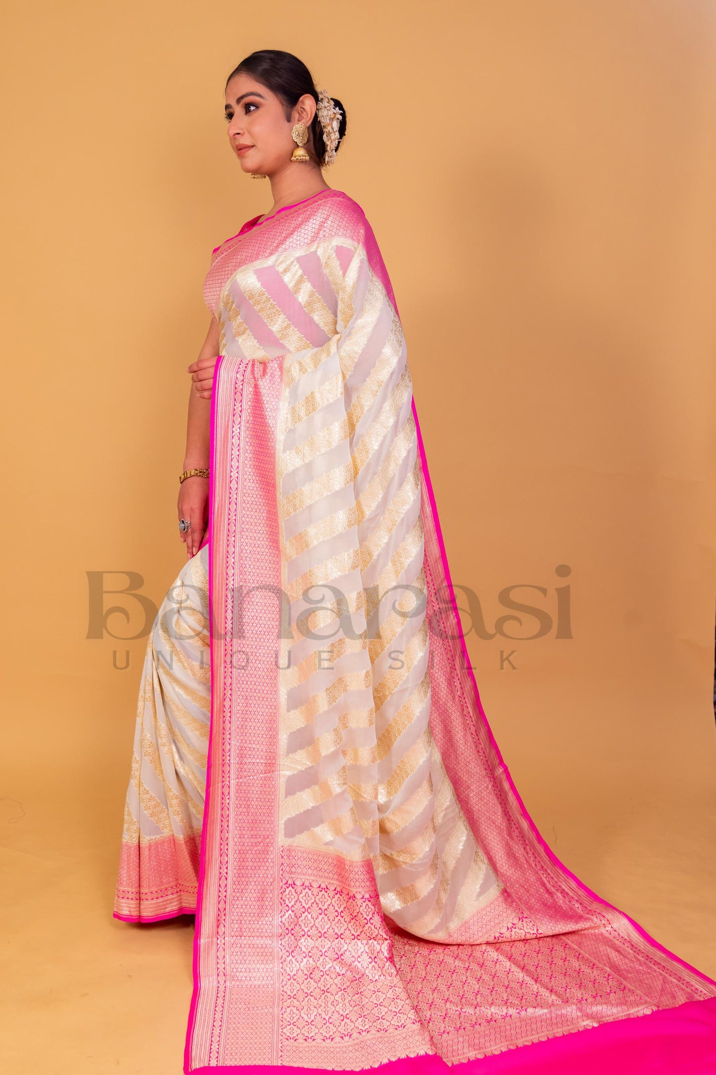 White With Pink Khaddi Georgette Handloom Banarasi Saree