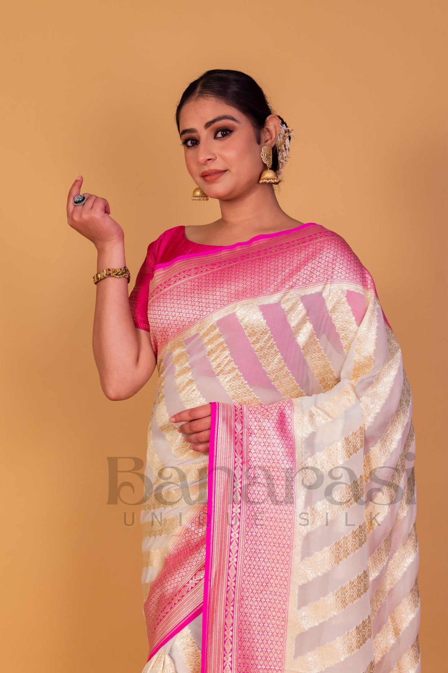 White With Pink Khaddi Georgette Handloom Banarasi Saree