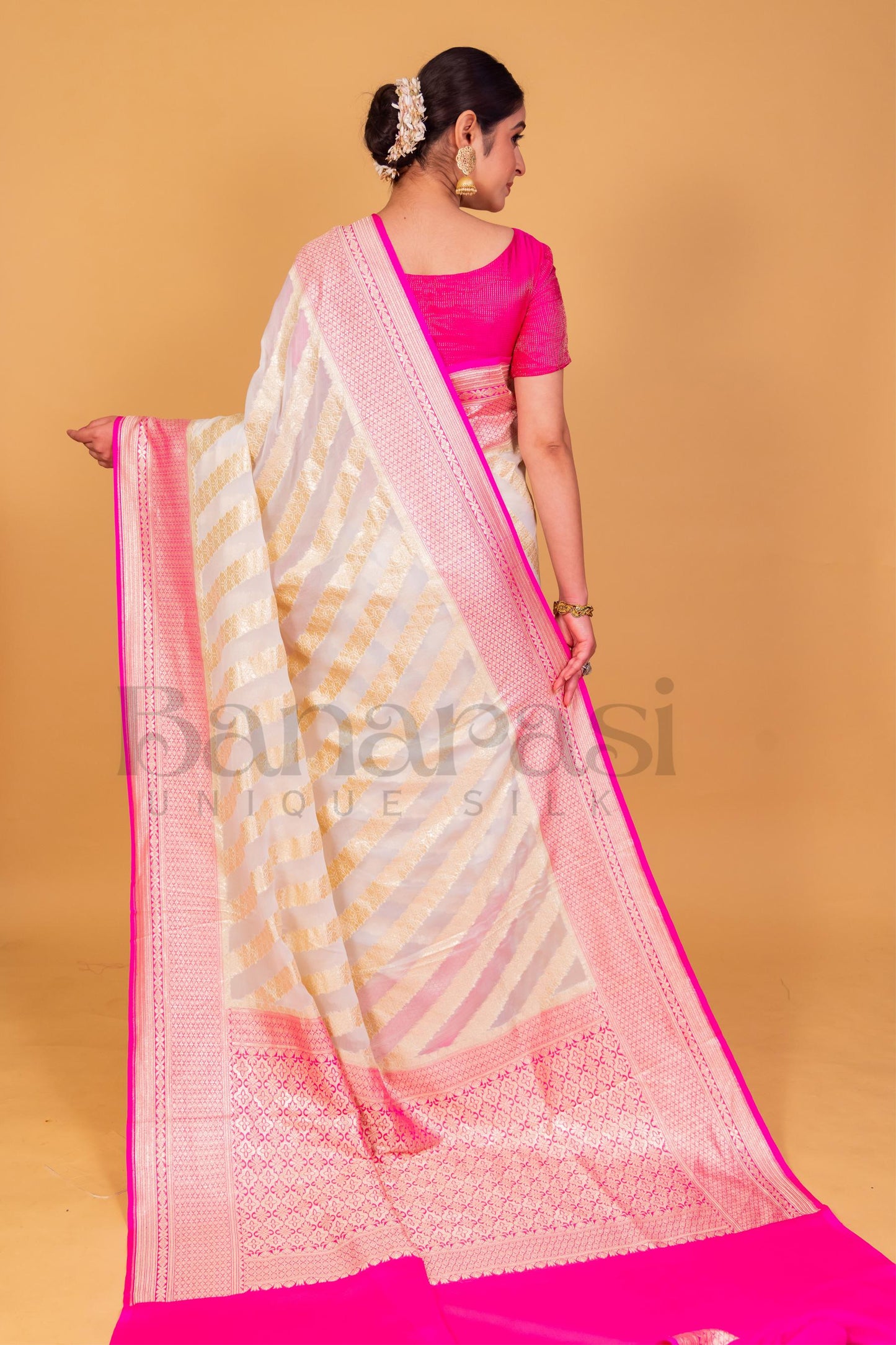 White With Pink Khaddi Georgette Handloom Banarasi Saree