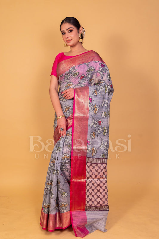 Gray With Pink cottan silk banarasi saree all over weaving with meenakari