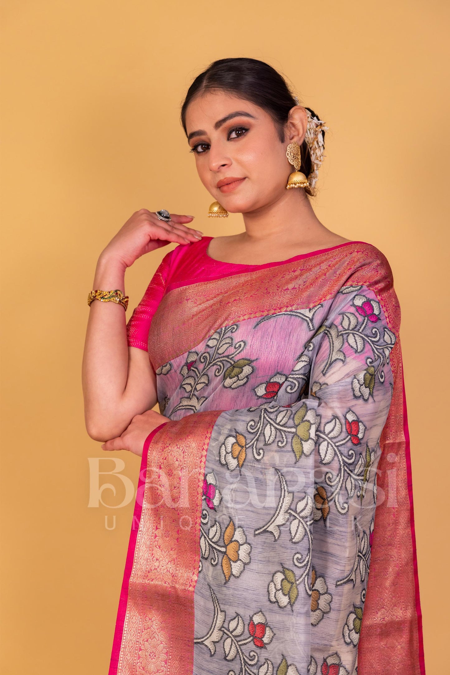 Gray With Pink cottan silk banarasi saree all over weaving with meenakari