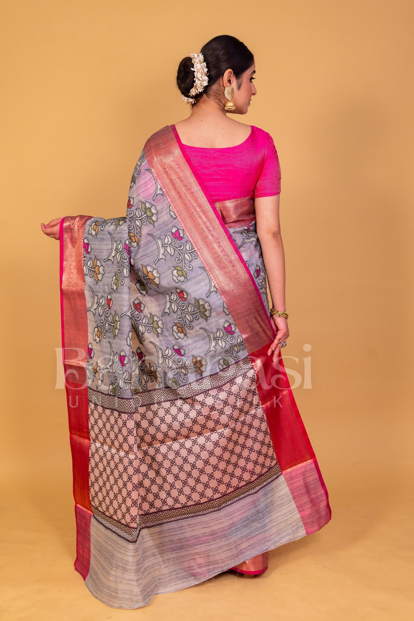 Gray With Pink cottan silk banarasi saree all over weaving with meenakari