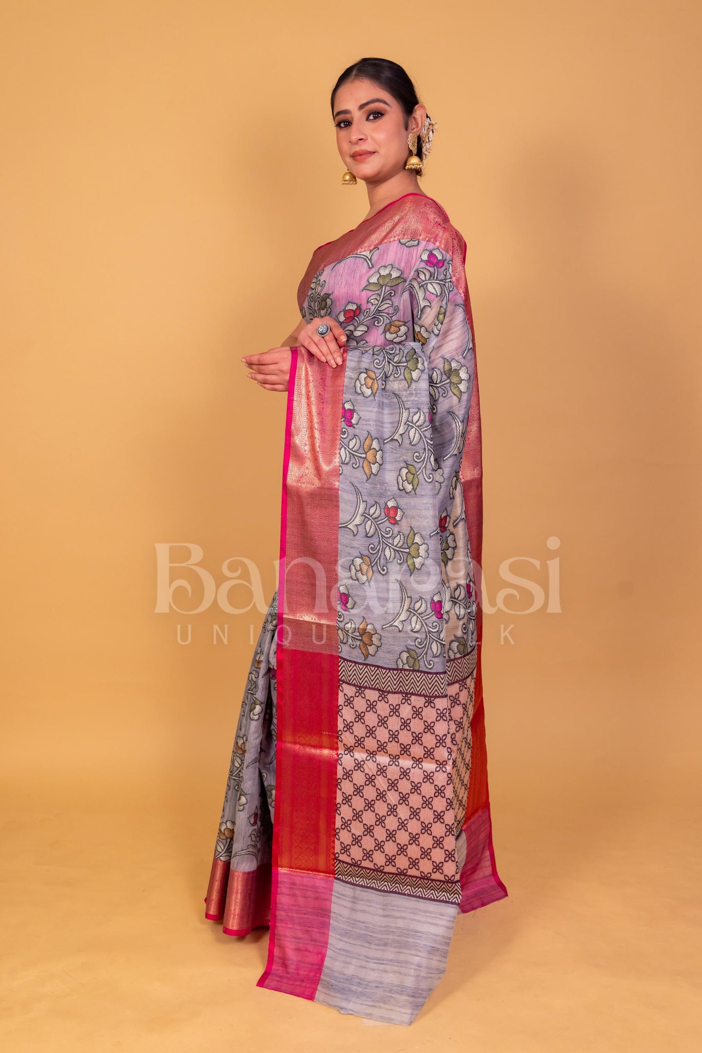 Gray With Pink cottan silk banarasi saree all over weaving with meenakari