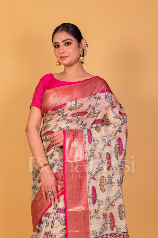 Cream With Pink cottan silk banarasi saree all over weaving with meenakari