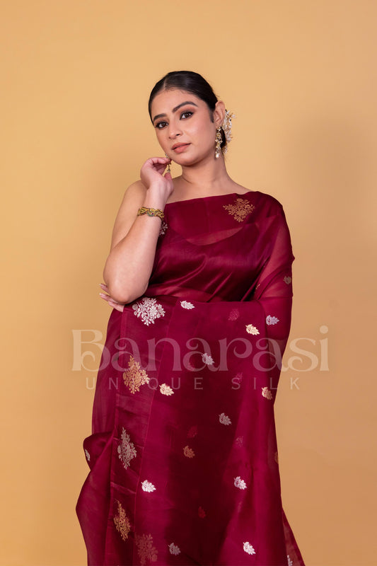 Maroon Pure Kora Handloom Banarasi Saree