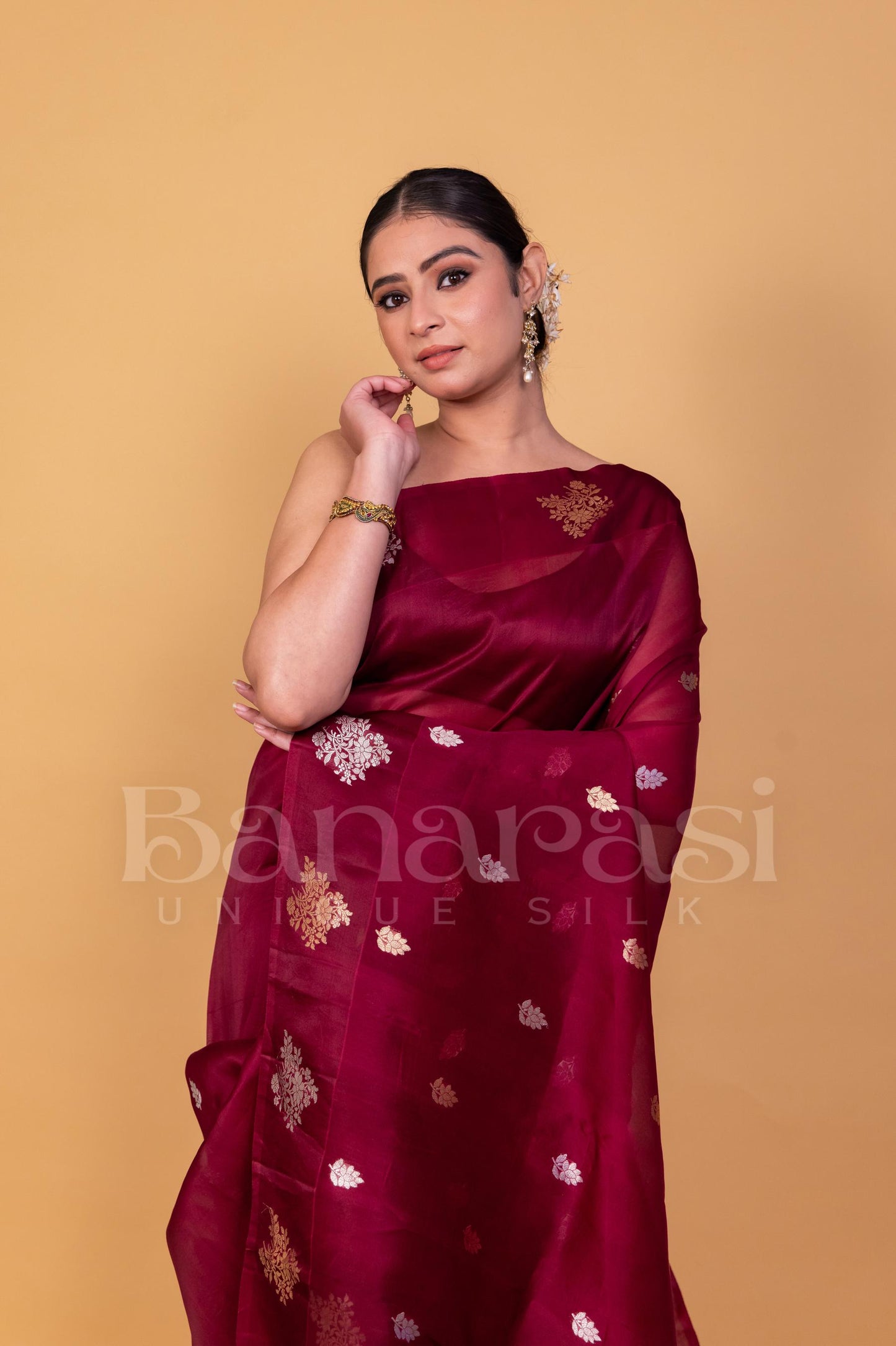 Maroon Pure Kora Handloom Banarasi Saree