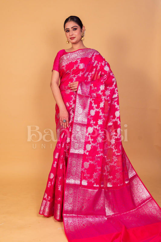 Pink Banarasi geprgette Saree All over jaal silver zari work