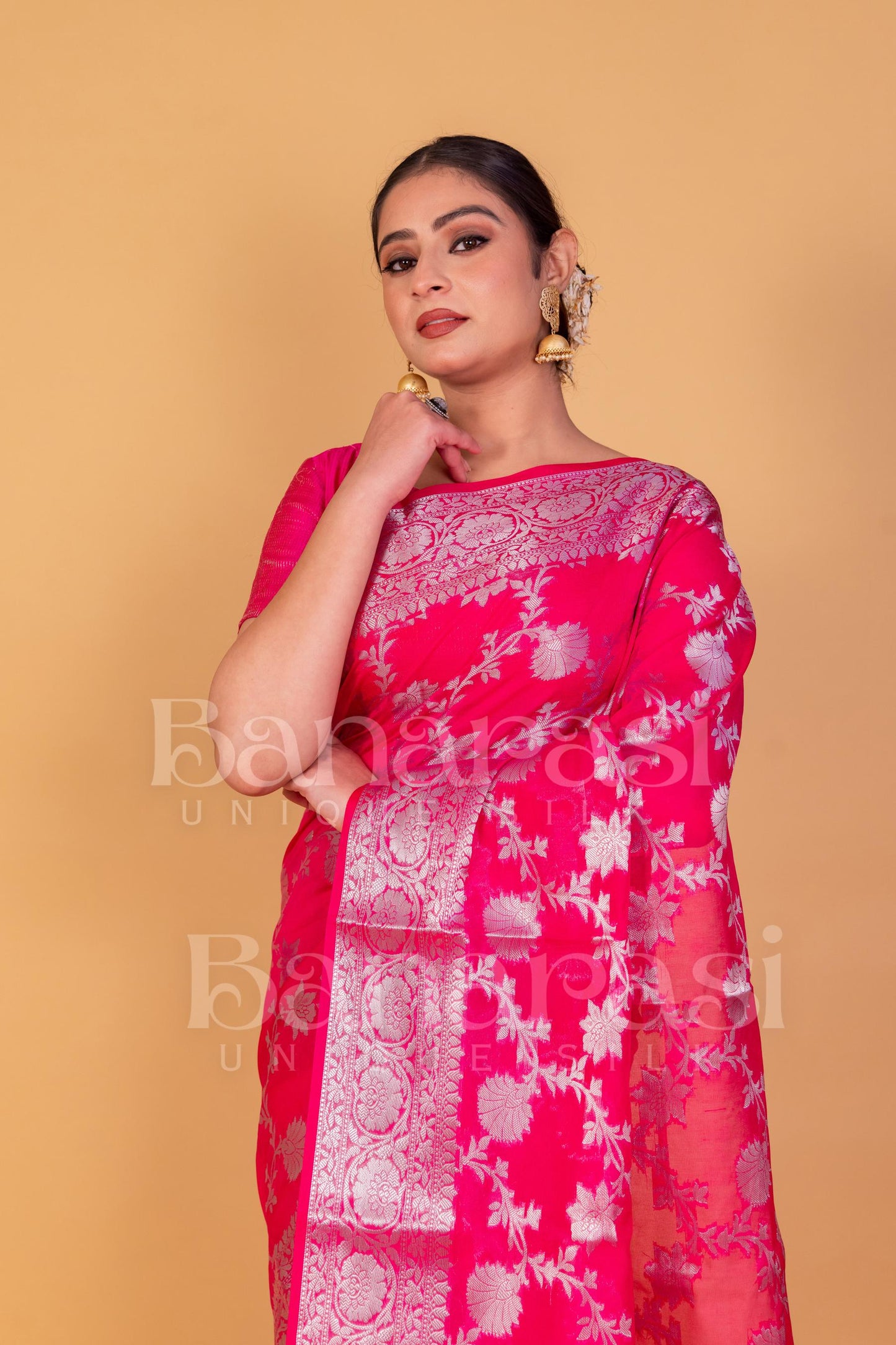 Pink Banarasi geprgette Saree All over jaal silver zari work