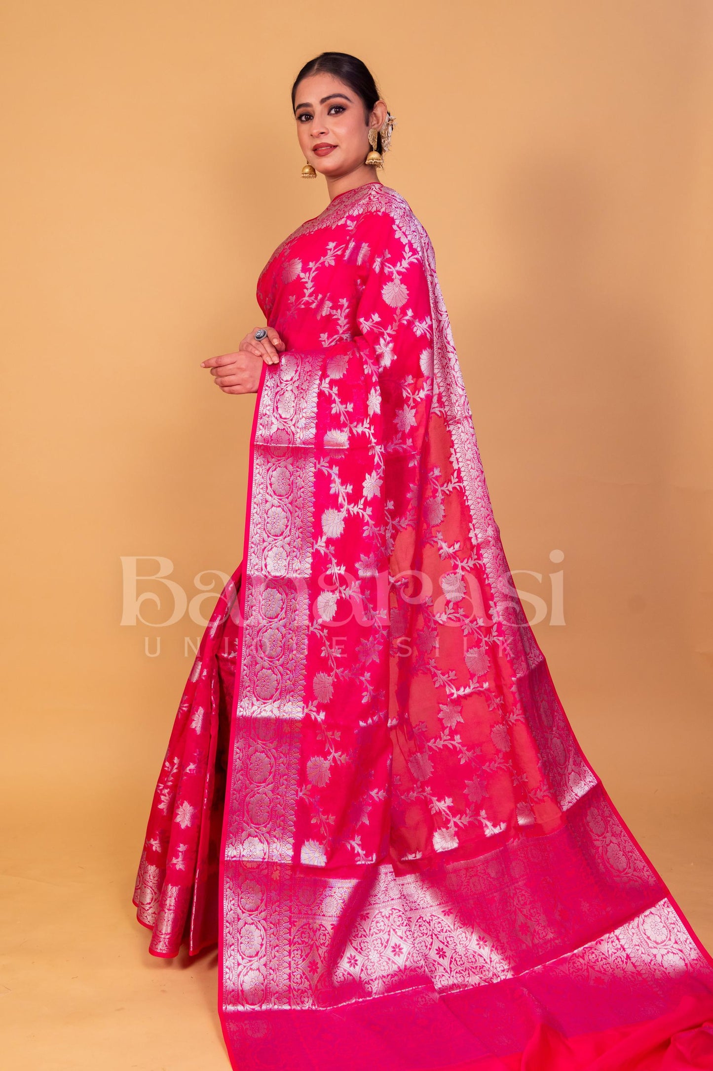 Pink Banarasi geprgette Saree All over jaal silver zari work