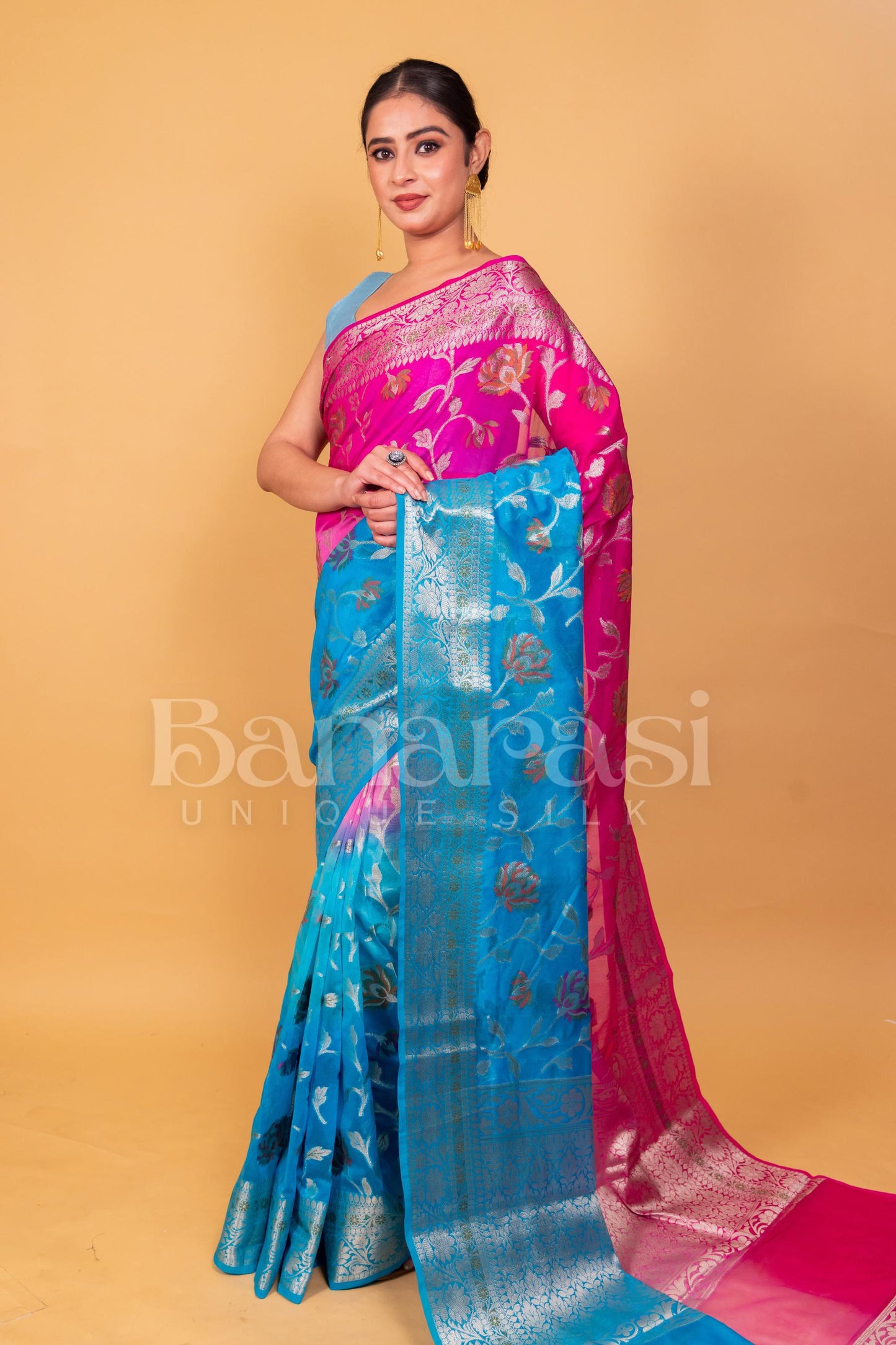 Pink With Light Blue Banarasi geprgette Saree All over jaal silver zari work meenakari