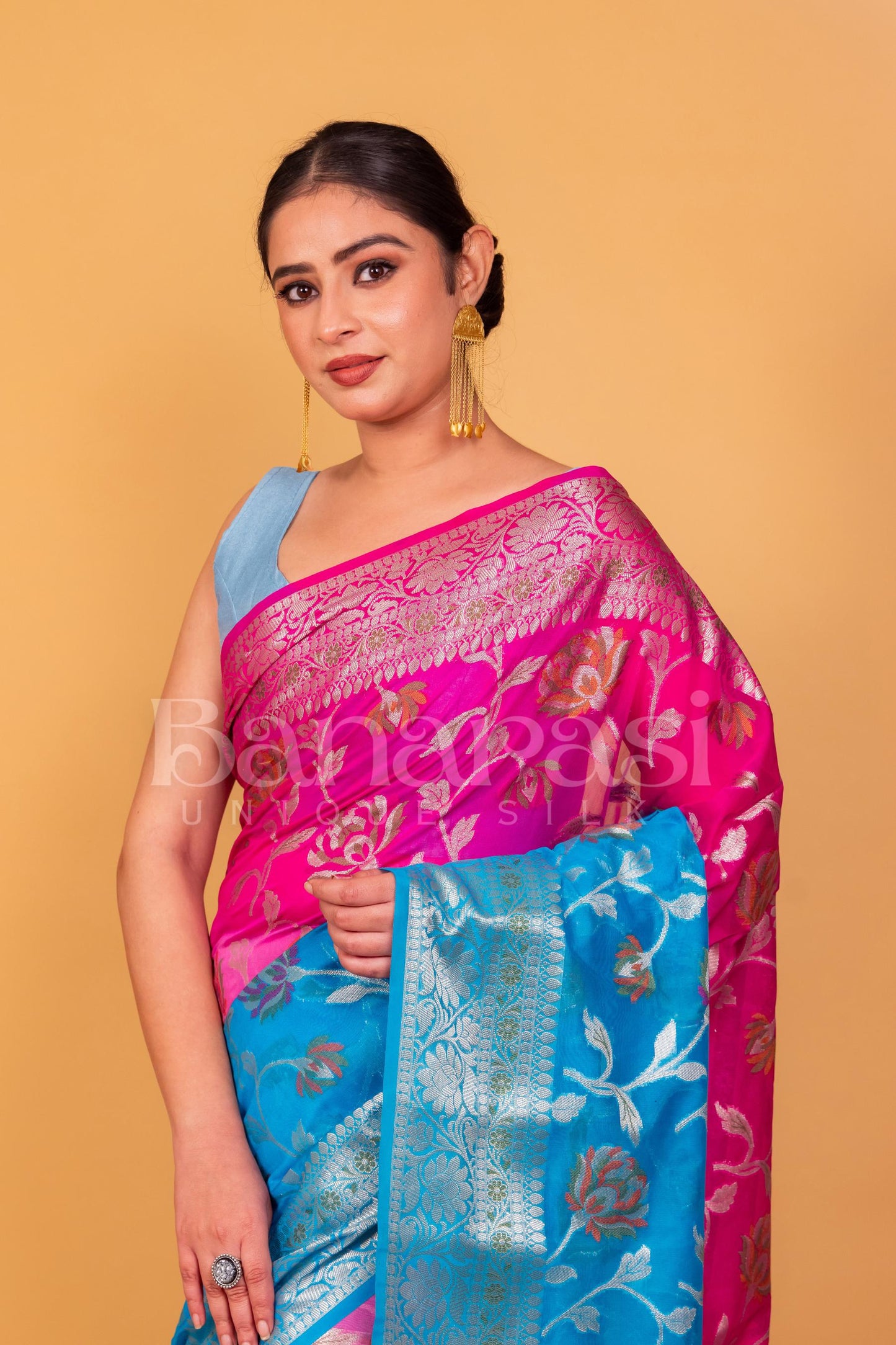 Pink With Light Blue Banarasi geprgette Saree All over jaal silver zari work meenakari