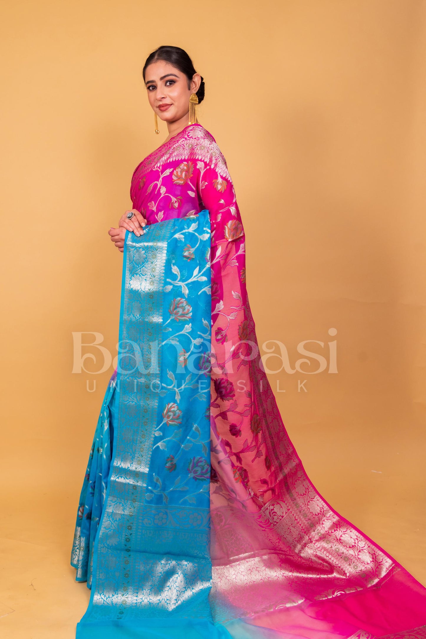 Pink With Light Blue Banarasi geprgette Saree All over jaal silver zari work meenakari