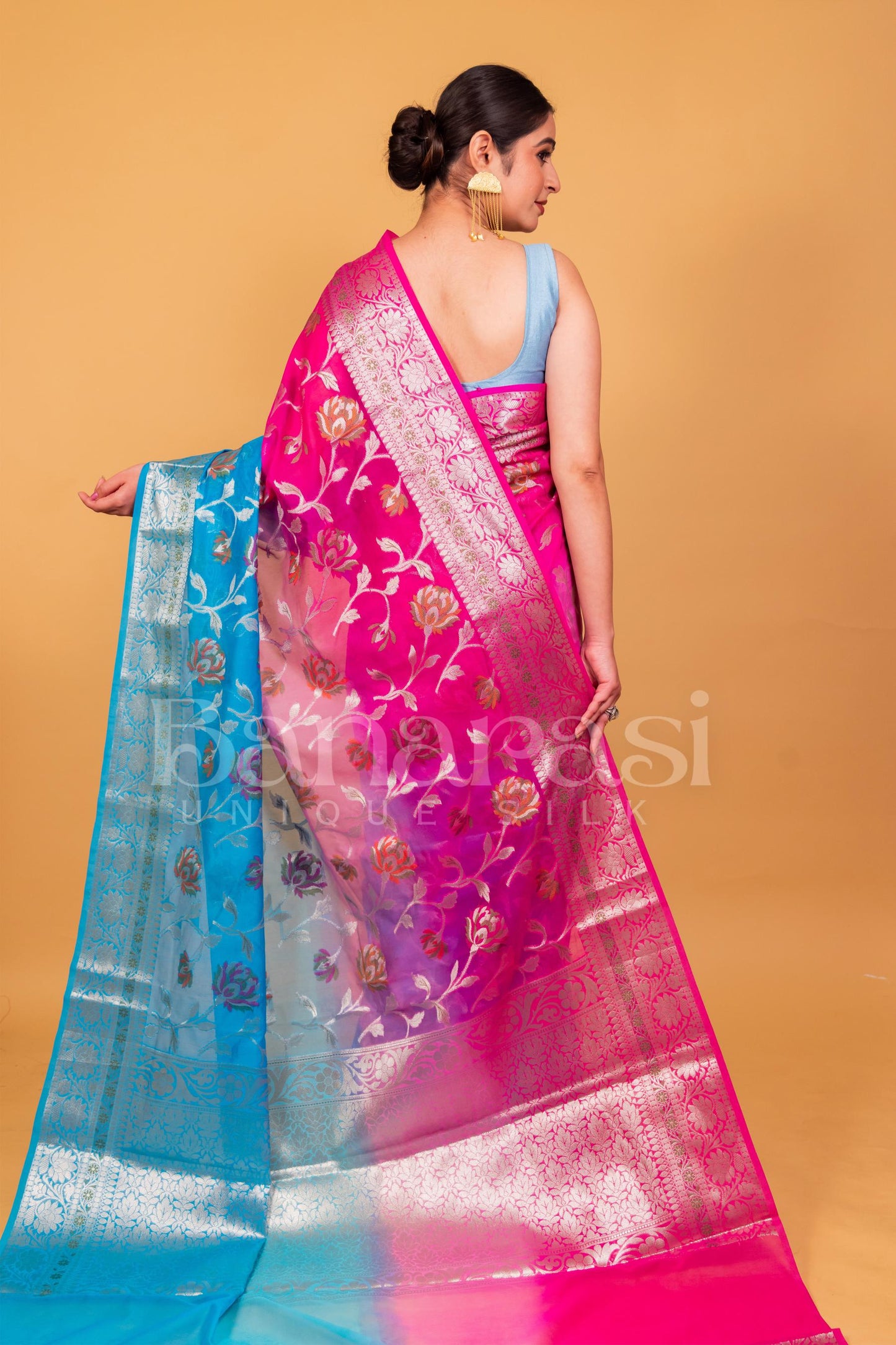 Pink With Light Blue Banarasi geprgette Saree All over jaal silver zari work meenakari