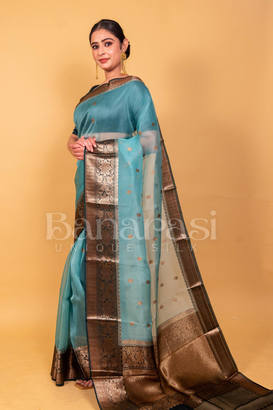 Oceanic Blue With black Pure Kora Handloom Banarasi Saree