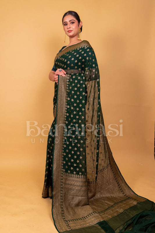 Dark Green Khaddi Georgette Banarasi Saree - Antique zari