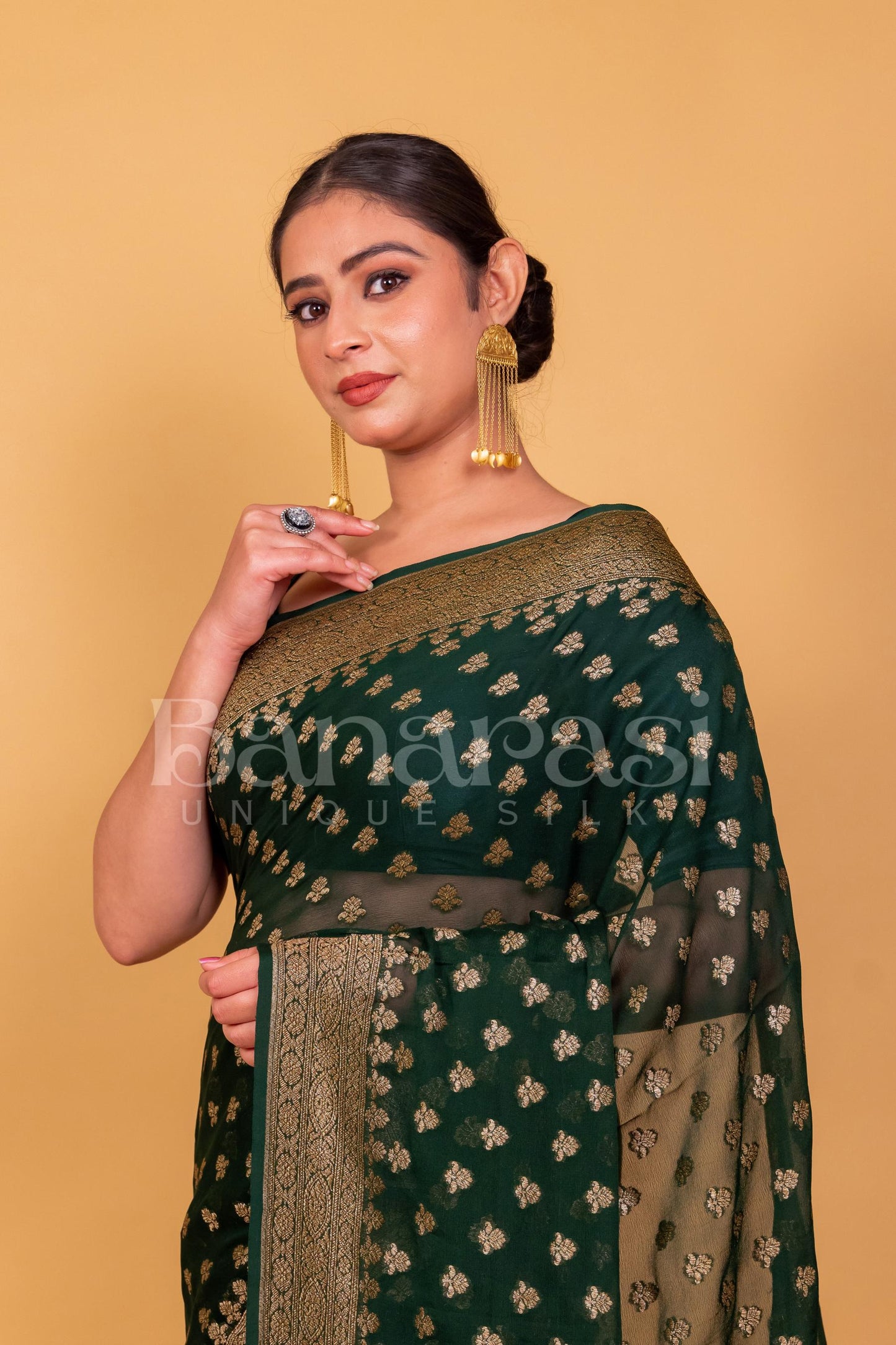 Dark Green Khaddi Georgette Banarasi Saree - Antique zari