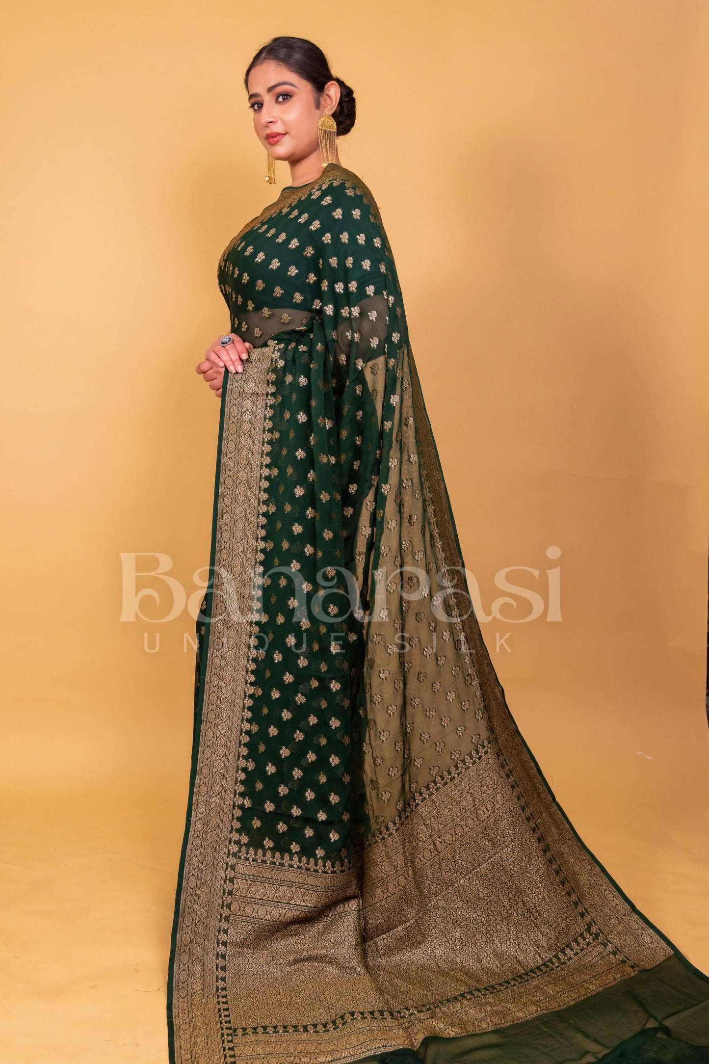 Dark Green Khaddi Georgette Banarasi Saree - Antique zari