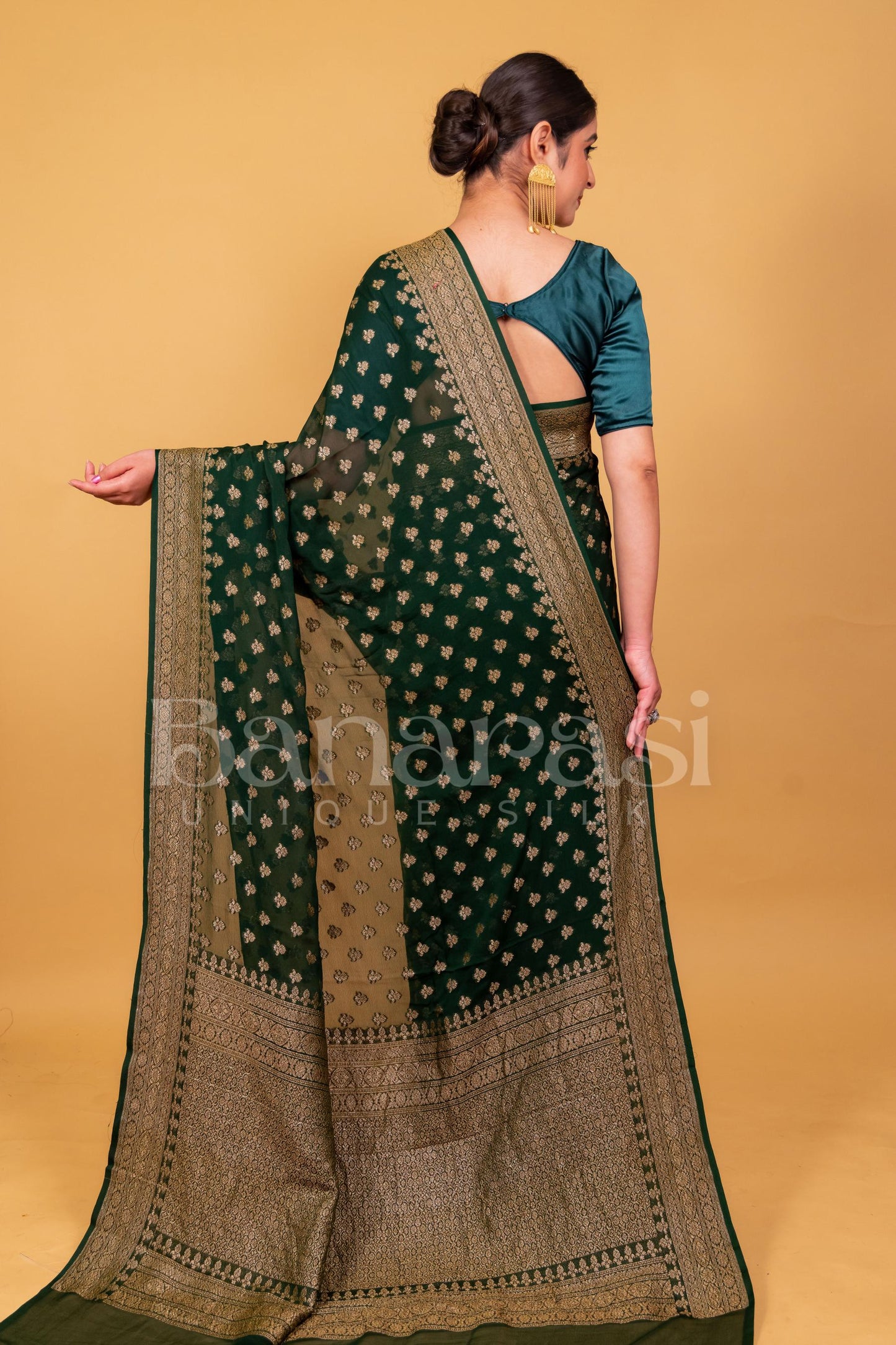 Dark Green Khaddi Georgette Banarasi Saree - Antique zari