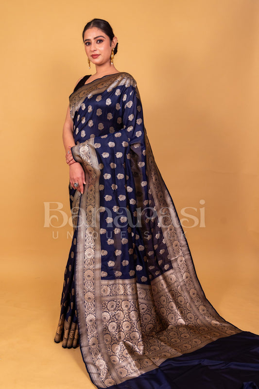 Dark Blue Banarasi katan silk handloom saree