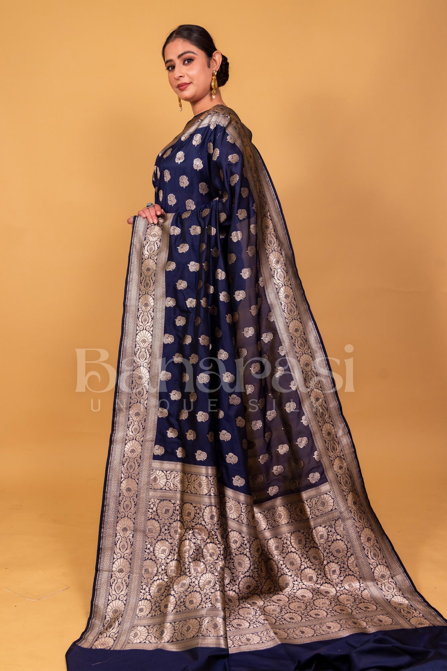 Dark Blue Banarasi katan silk handloom saree