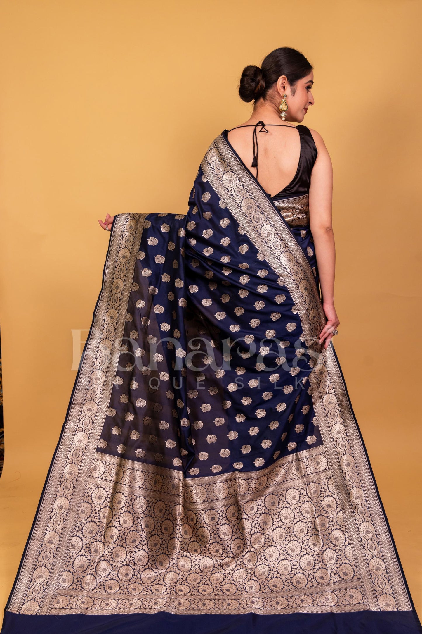 Dark Blue Banarasi katan silk handloom saree