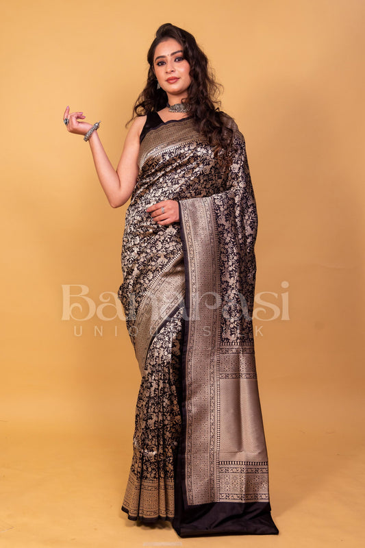 Black Pure Katan Silk Banarasi Handloom Saree - Tanchui Brocade