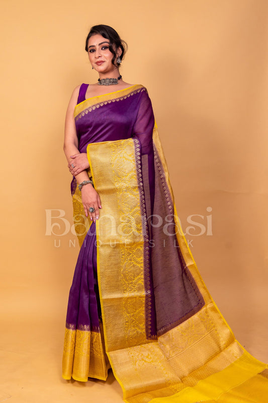 Purpal With Yellow Pure linen Banarasi Saree