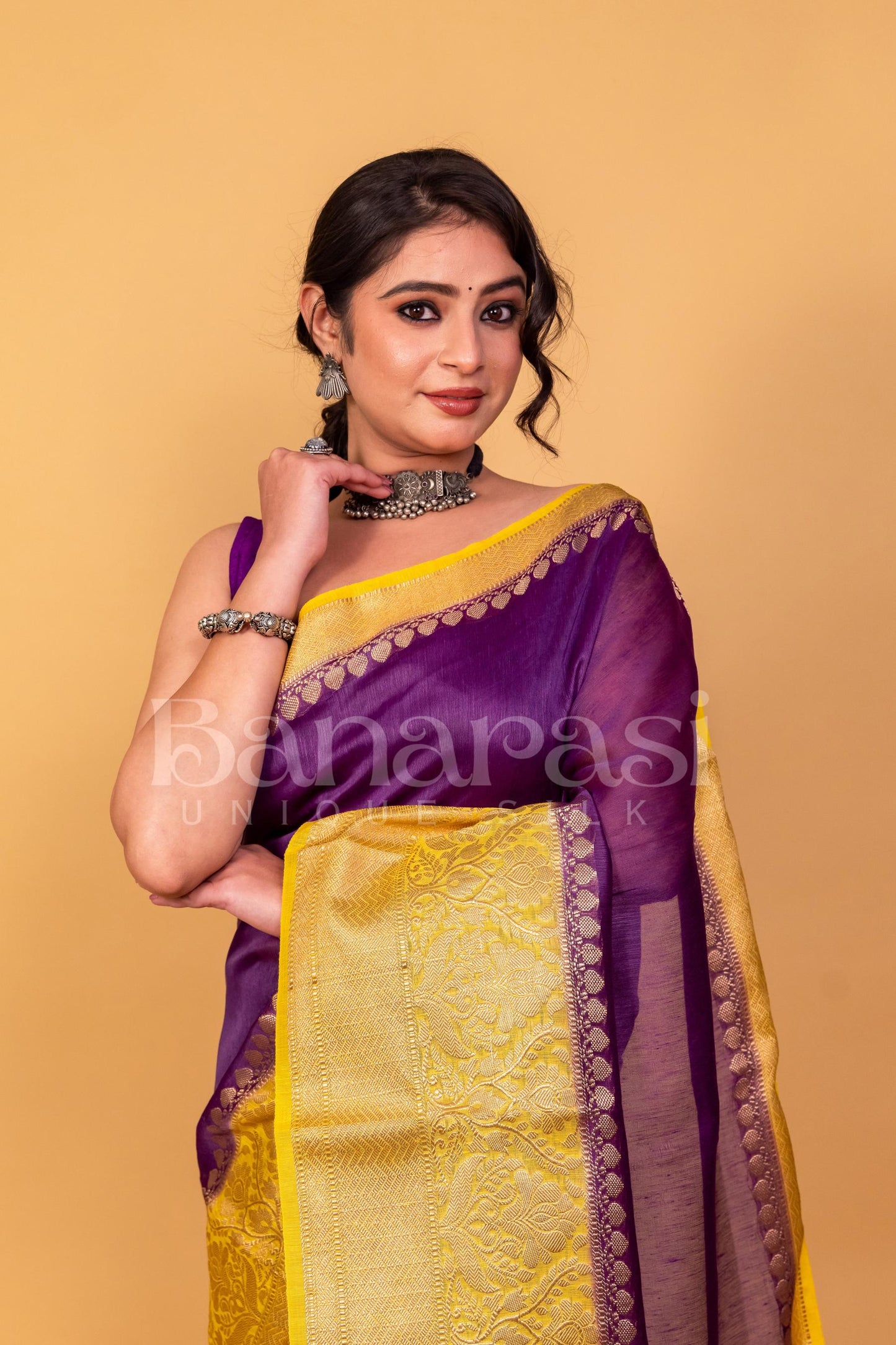 Purpal With Yellow Pure linen Banarasi Saree