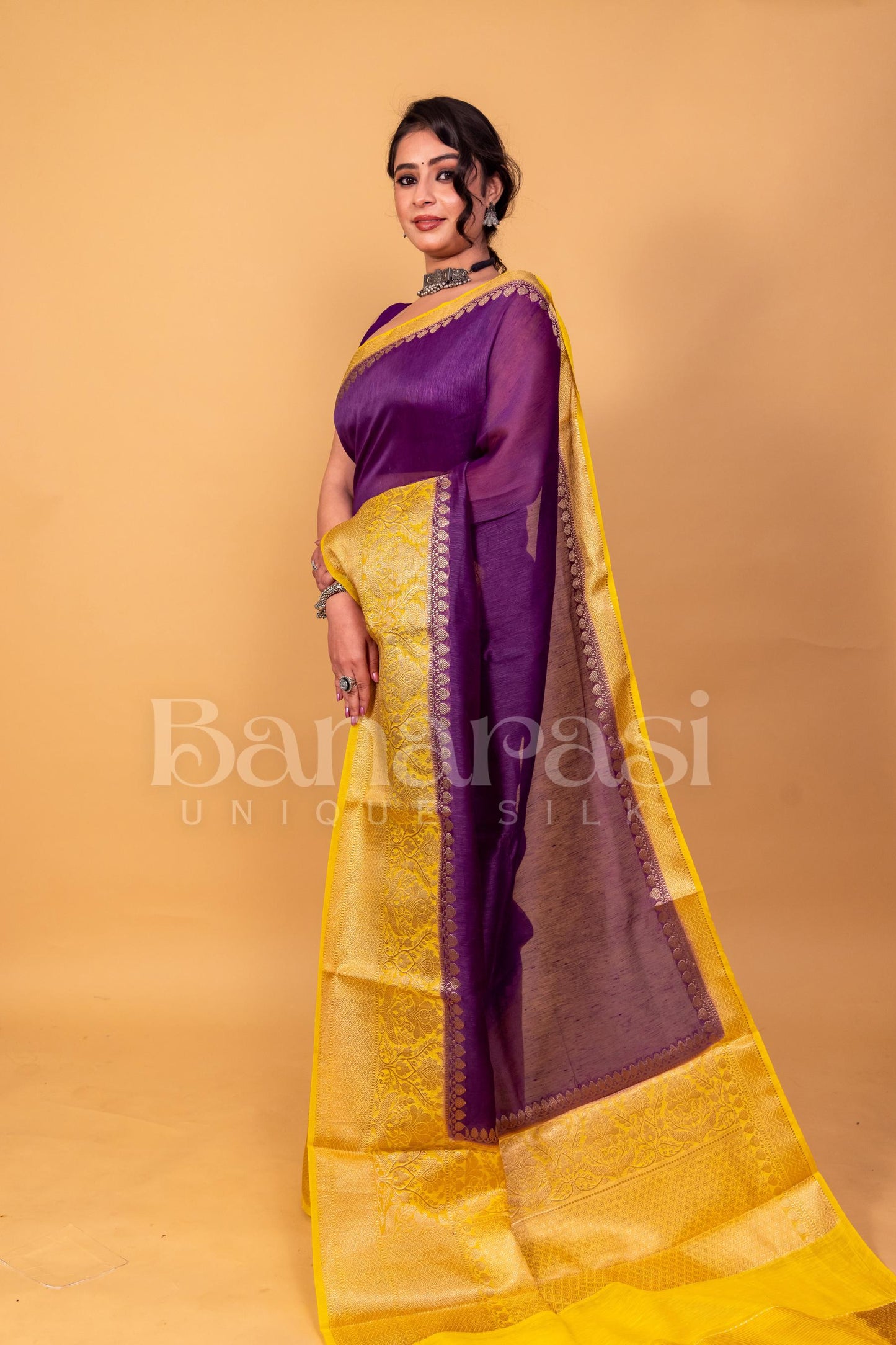 Purpal With Yellow Pure linen Banarasi Saree