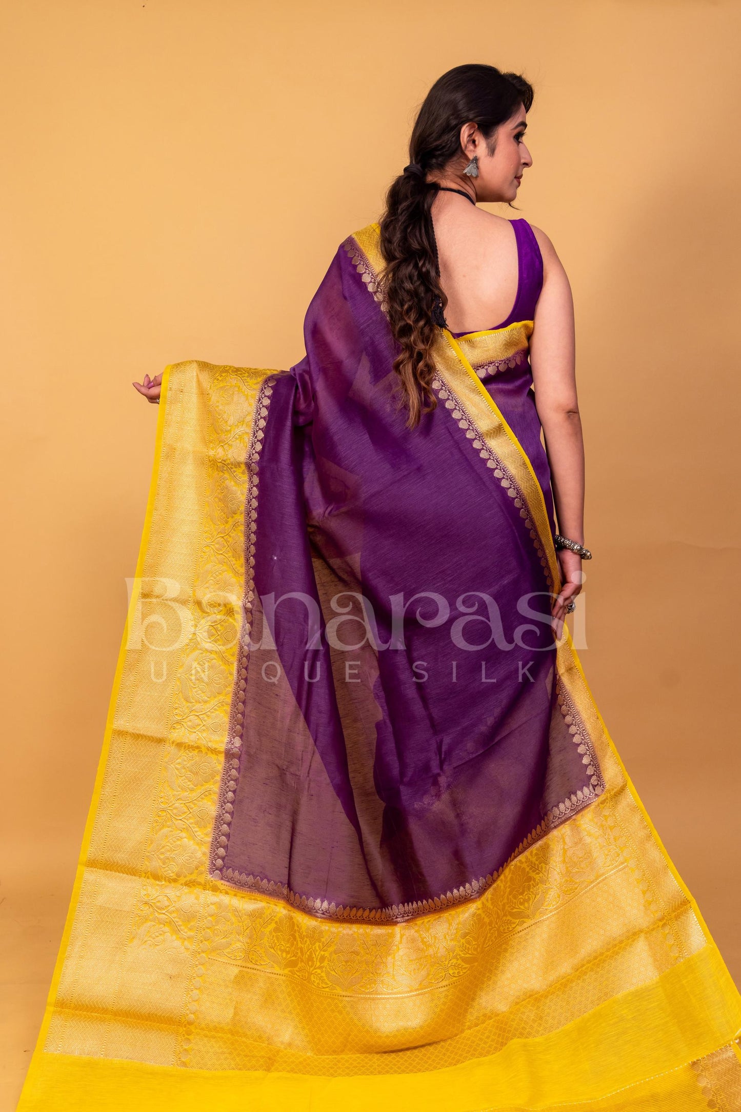 Purpal With Yellow Pure linen Banarasi Saree