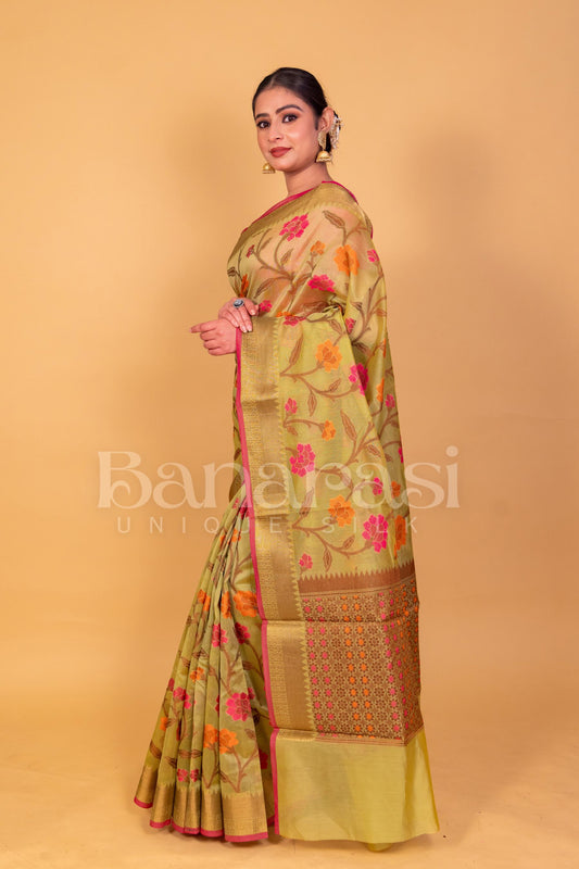 Gold  Banarasi Chanderi Saree With Resham Buti & Border meenakari